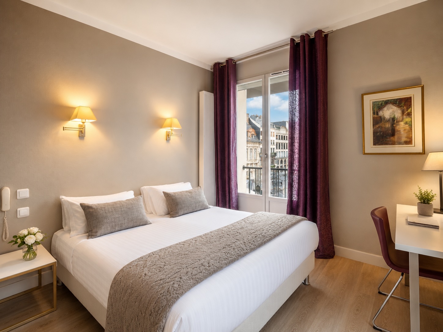 Chambre supérieure de l’Hôtel Cardinal Rouen avec lit double, bureau et vue sur la cathédrale