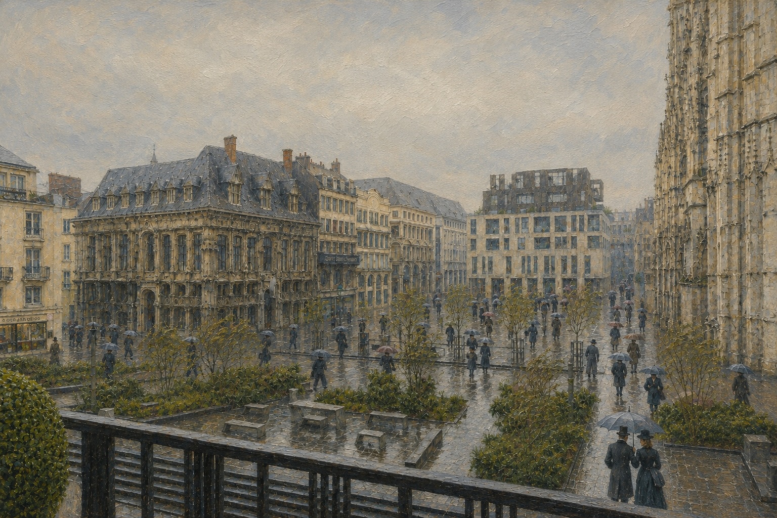 lace de la Cathédrale à Rouen sous la pluie, dans un style inspiré de Caillebotte
